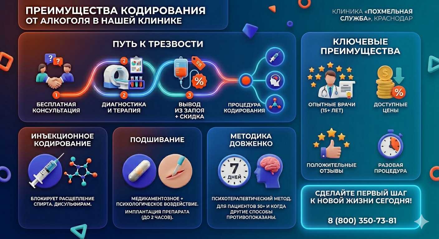 Инфографика о методах кодирования от алкоголя в Товарково: инъекции, подшивание, метод Довженко. Преимущества клиники и этапы лечения.