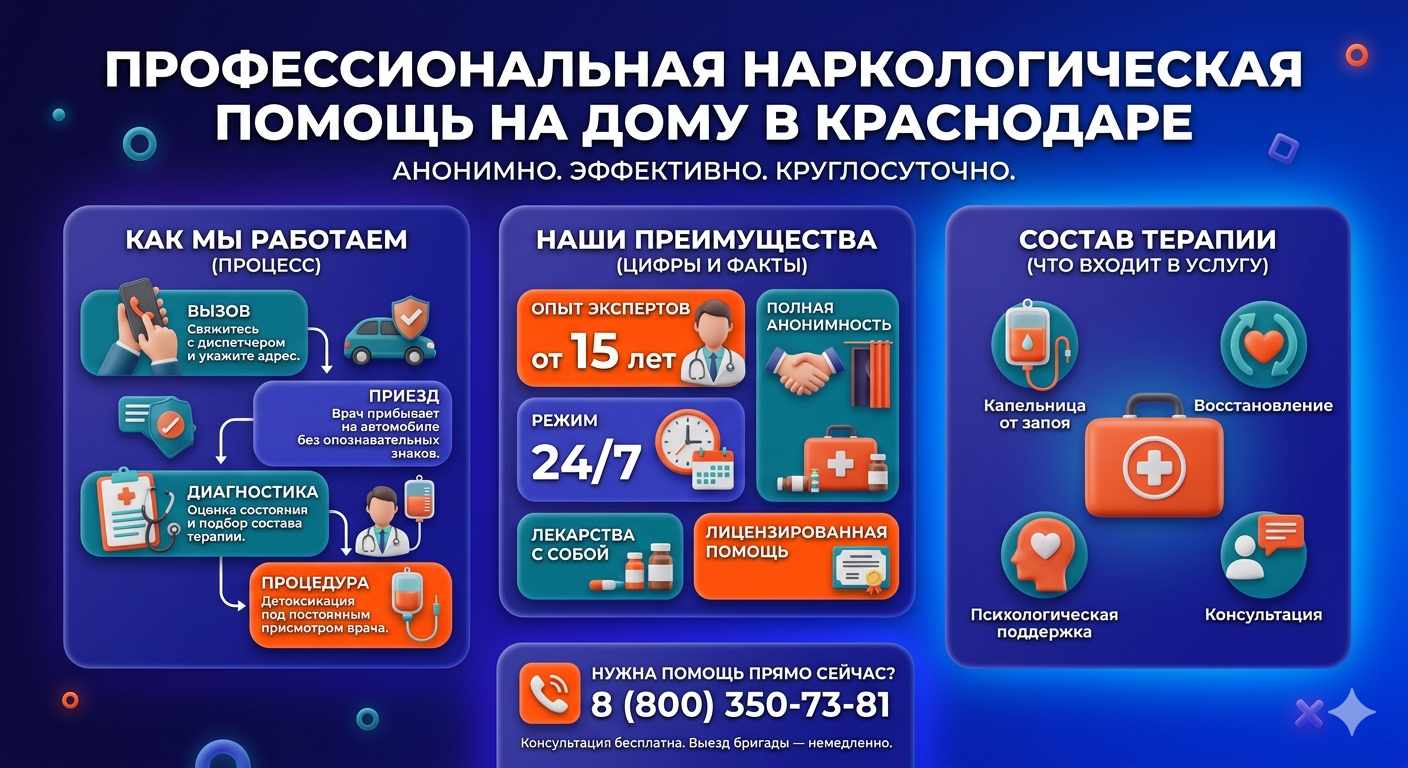 Инфографика о принципах лечения алкоголизма на дому в Товарково: этапы вызова нарколога, преимущества анонимной детоксикации и состав медицинской помощи.